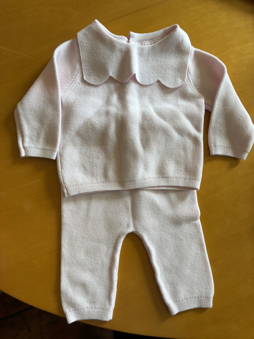 Jacadi Soft Pink Knit Matching Footie Set with Scalloped Collar